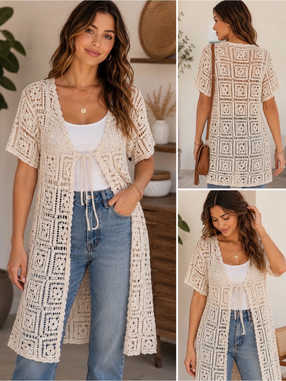 Liv Los Angeles crochet duster cardigan boho open knit tie front 100% cotton